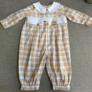 SMOCKED Plaid Baby Romper with Embroidered Design